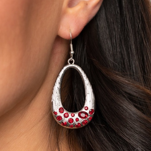 Scratched Silver Red Rhinestone Teardrop Earrings
